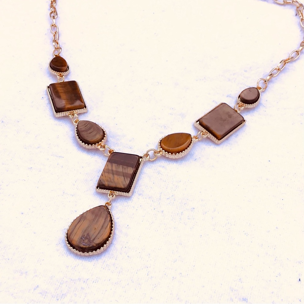 Geometric Tigers Eye Necklace in Gold Tone
